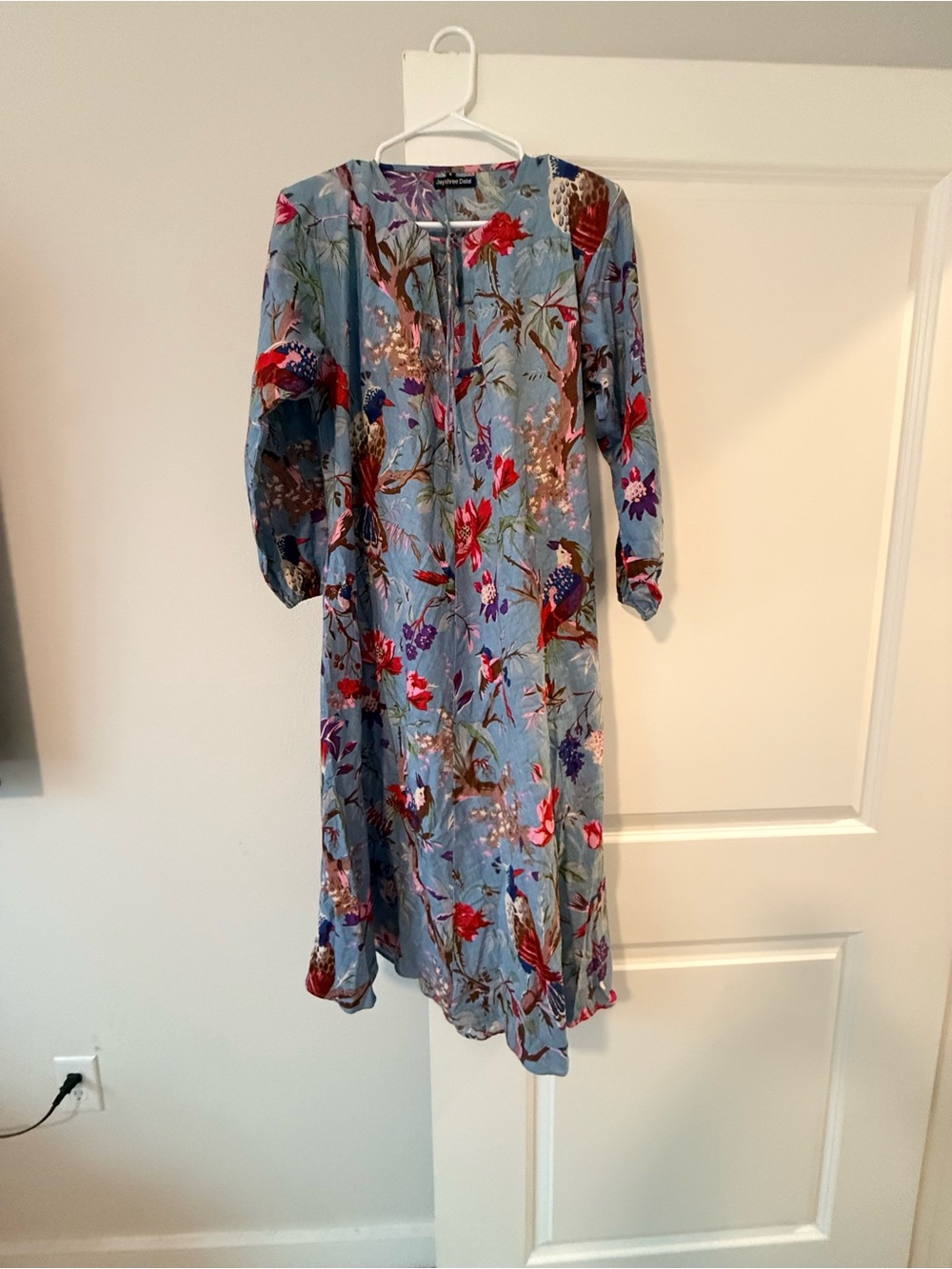 Blue Floral Midi Dress with Red & Pink Floral Accents